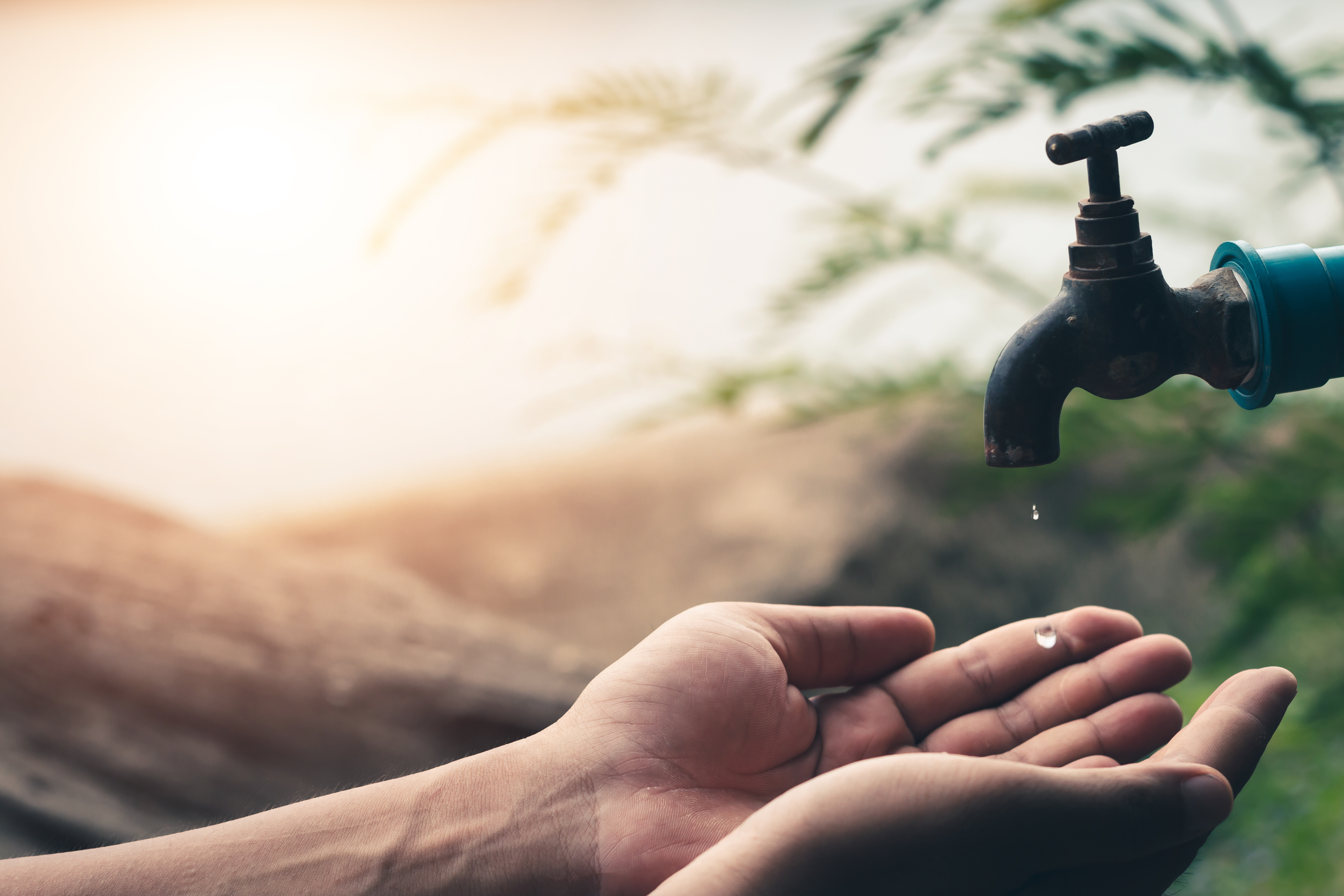 imagine a day without water, pictured at sunset with tree branches in the background is a black outdoor faucet with a single drip of water falling into a pair of cupped hands