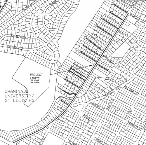 Map showing the roads impacted by water system improvements project to replace 232 water service laterals for customers in Pālolo. Work is scheduled to begin work on or after June 8, 2026. List follows that identifies the impacted streets.