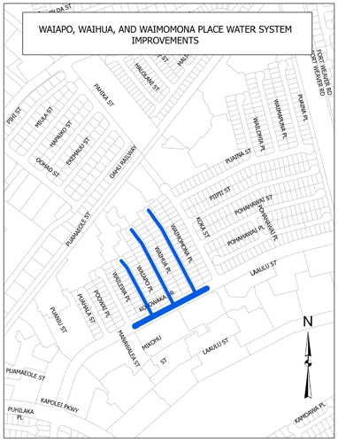 MEI Corporation, the Board of Water Supply’s (BWS) contractor for the Waiʻapo Place, Waihua Place, and Waimomona Place Water System Improvements project is scheduled to begin work after August 3, 2026.